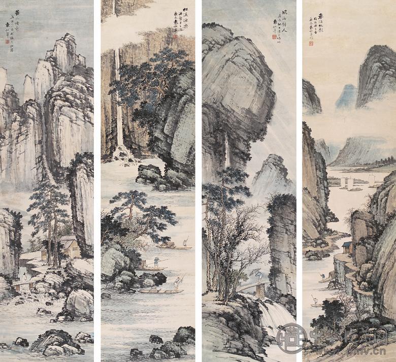 袁松年 庚辰(1940年)作 四季山水四条屏 立轴 设色纸本