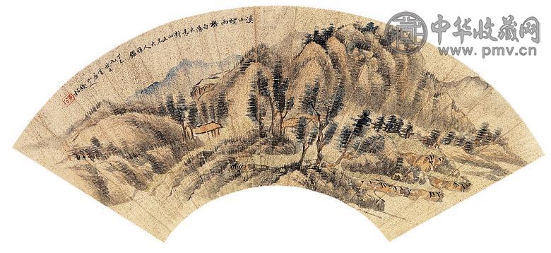 钱松 溪山烟雨 扇面 设色纸本