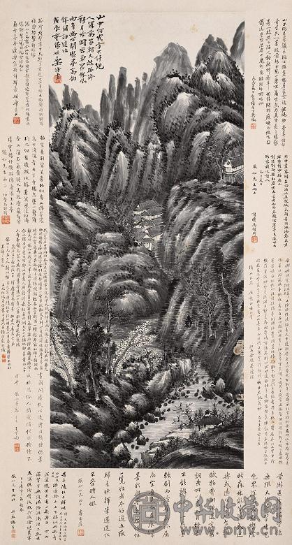 姚华 戊辰(1928年)作 深山古寺 立轴 水墨纸本