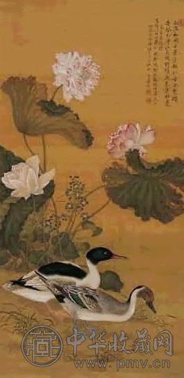 于寿伯 荷花双鹭图 镜心