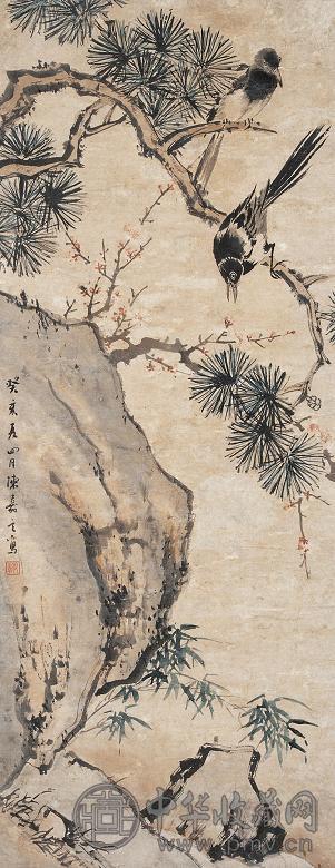 陈嘉言 1623年作 三友双喜 立轴 设色纸本