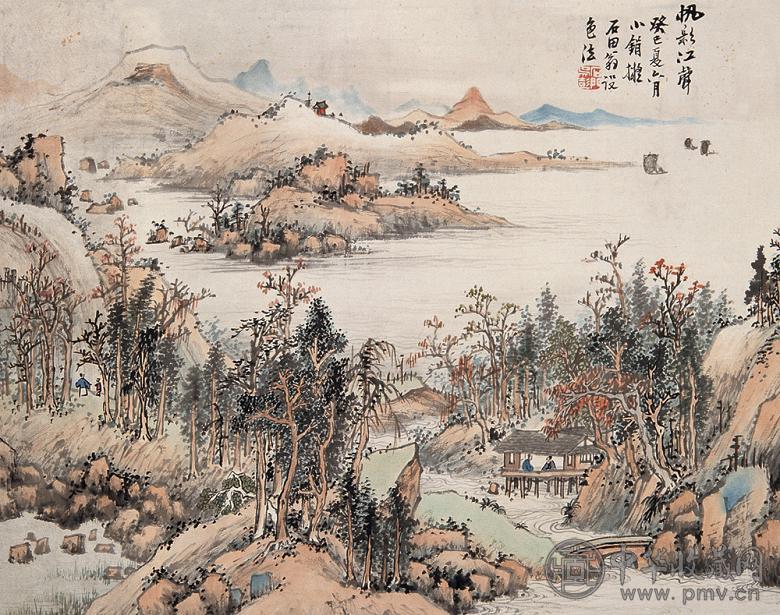 吴琴木 帆影江声图 片 设色纸本