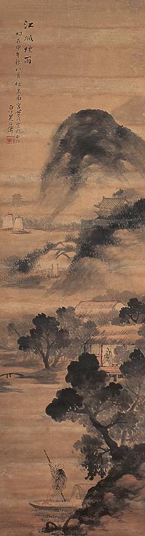 吴石仙 1894年 江城烟雨 立轴 设色纸本