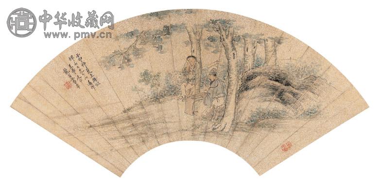 葛尊 1872年作 桐荫抚琴图 扇面 设色纸本