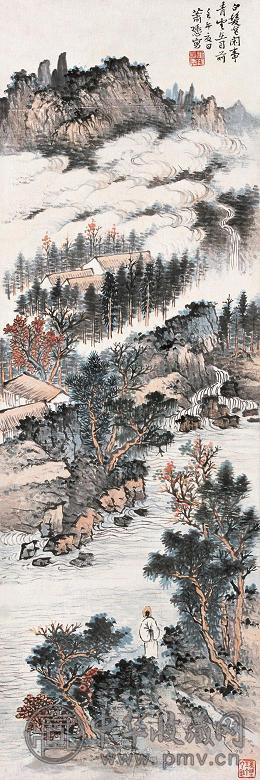 萧谦中 壬午(1942年)作 山水人物 立轴 纸本