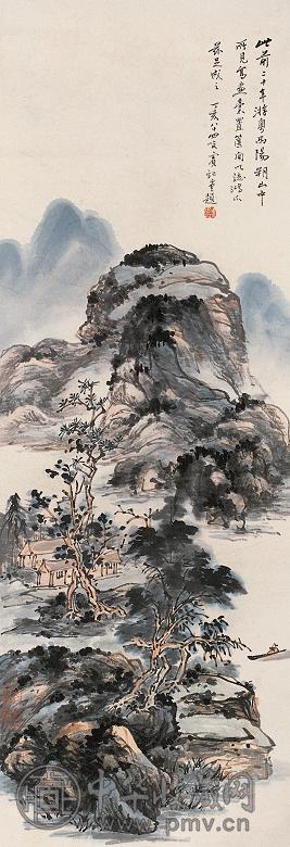黄宾虹 丁亥(1947年)作 阳朔山中 立轴 设色纸本