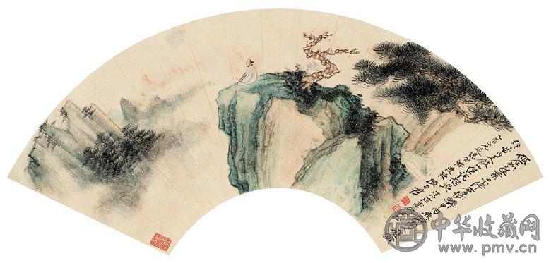 张大千 乙酉(1945年)作 清凉台破石松图 扇面 设色纸本