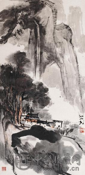 谢之光 高岩飞流图 镜心 设色纸本