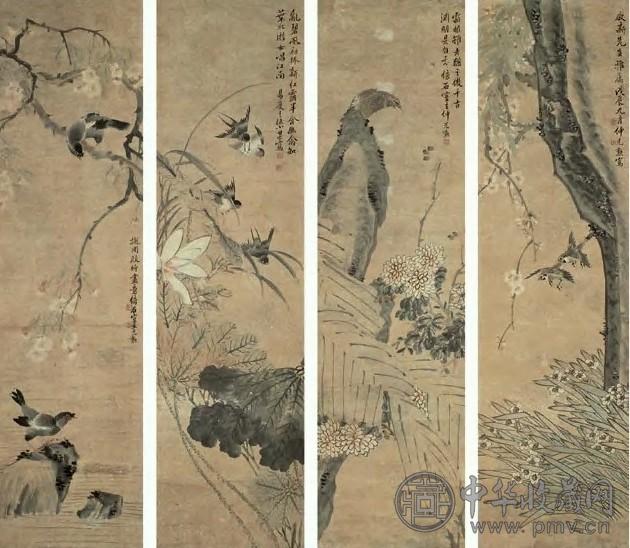 仲光勋 1928年作 花鸟 四屏