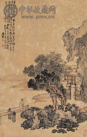 黄慎 1762年作 山林访旧图 立轴 设色纸本