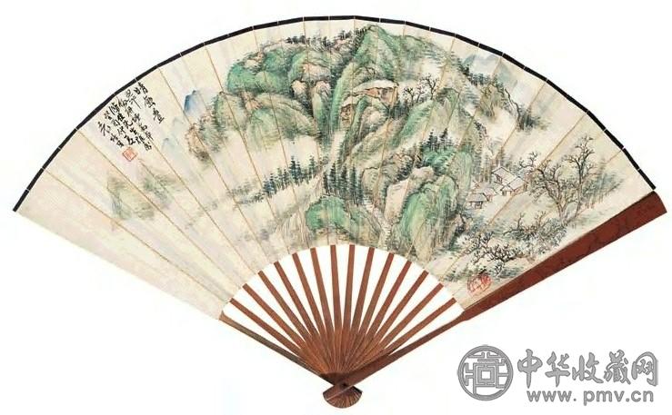 袁培基 袁秋声 晴峦叠翠图 行书七言诗 成扇 设色纸本