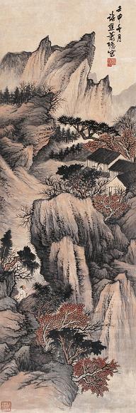 萧愻 1932年作 秋山访友图 立轴 设色纸本