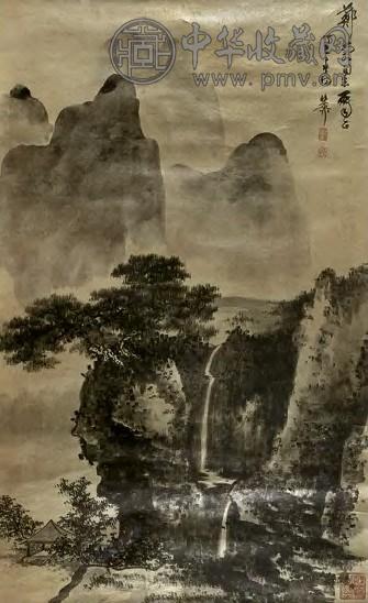 谢稚柳 1977年 云山飞瀑图 镜片 水墨金笺