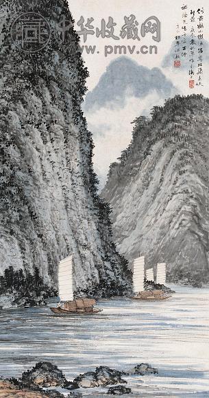 袁松年 1940年作 峡江泛舟图 立轴 设色纸本