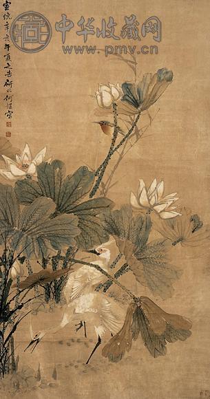 何研北 荷花鹭鸶 立轴 设色纸本