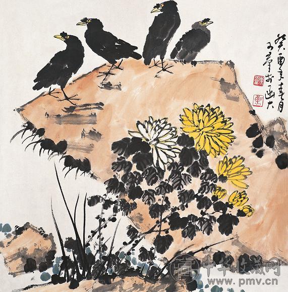 焦可群 1993年作 八哥菊花 立轴 设色纸本