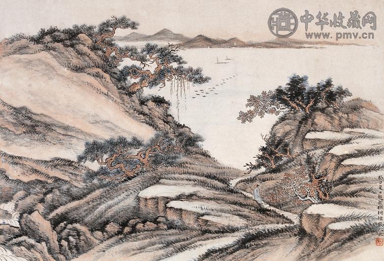 冯超然 1913年作 秋江行呤图 镜心 设色纸本