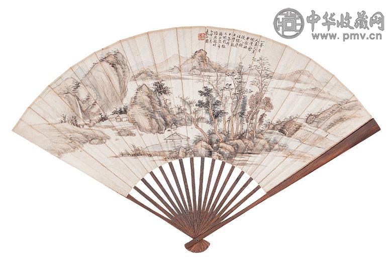 袁安圃 吴徵 秋林平远图 行书 成扇 设色纸本