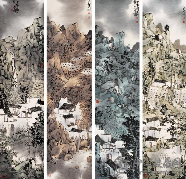 林容生 2005年作 家在幽林中 四屏 设色纸本