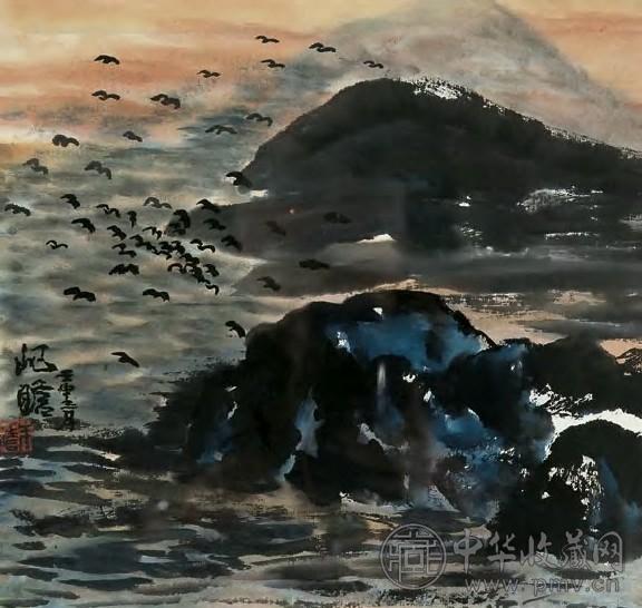 朱屺瞻 1992年 雁落夕照图 镜框 设色纸本