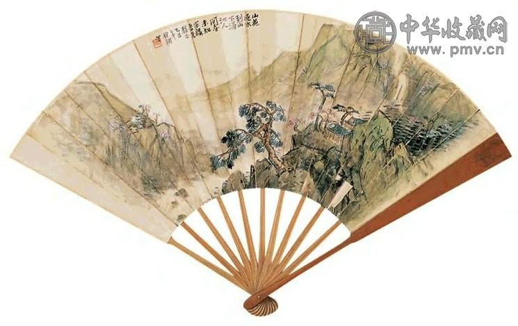 胡伯祥 张家帧 1925年作 山水 隶书 成扇 水墨、设色纸本