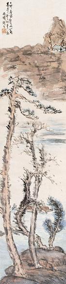 钱瘦铁 1927年作 虞山泛舟图 立轴 设色纸本