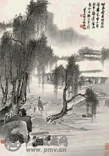 俞明 吴徵 柳荫行旅 立轴 水墨纸本