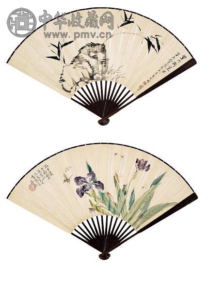 陶冷月 蔡铣 墨竹 草虫 成扇 设色纸本