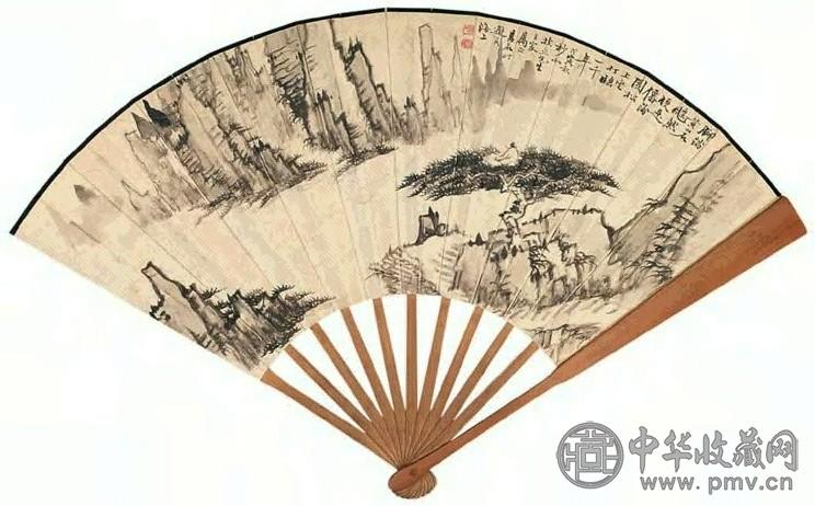 朱其石 山水图 书法 扇面 水墨纸本