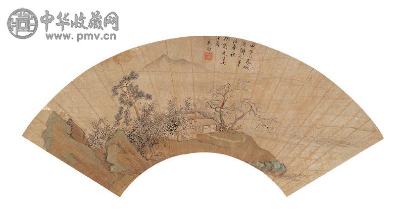 朱白 流水人家图 扇面 设色纸本