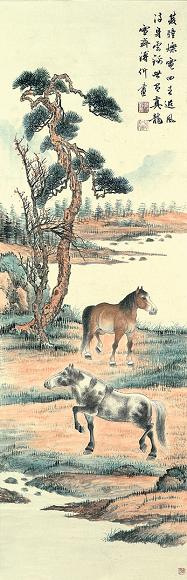 浦伒 两马图 立轴 水墨设色纸本
