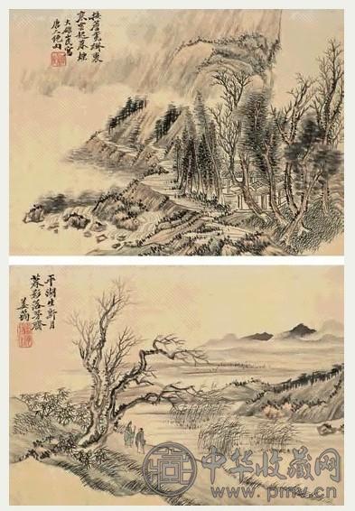 姜筠 乙酉(1885年)作 山水 册页(12开) 设色绢本