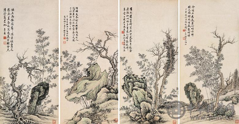 楼辛壶 甲申(1944年)作 乔柯竹石 条屏 设色纸本