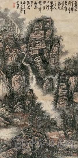 黄秋园 1976年作 林泉觅隐圆 立轴 设色纸本