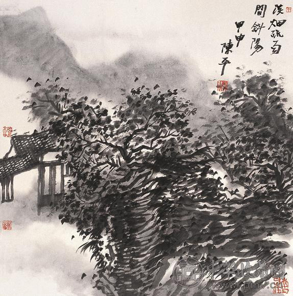 陈平 2004年作 烟雨斜阳图 立轴 水墨纸本