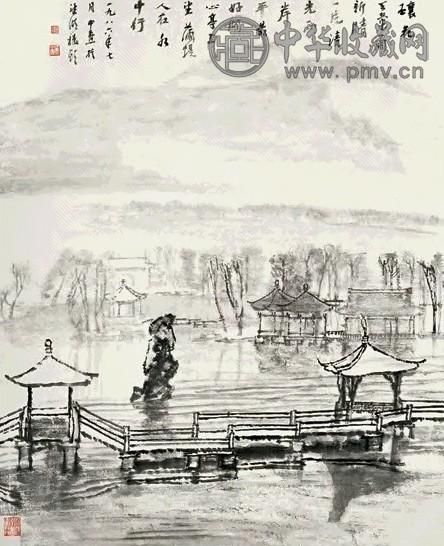 童中焘 湖心亭小景 镜心 墨色纸本