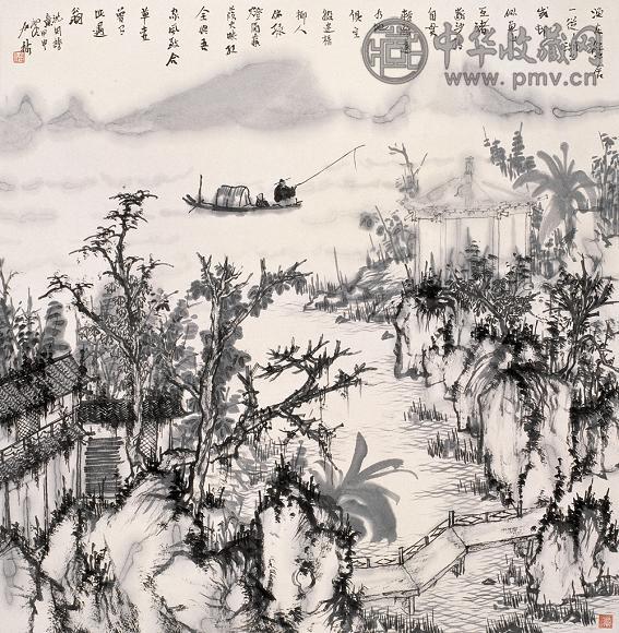 何加林 2004年作 江村独钓 画心 水墨纸本