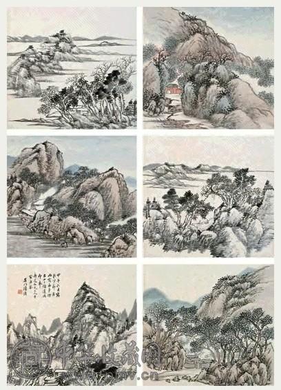 陆恢 1894年作 仿古山水 册页 十二开 设色纸本