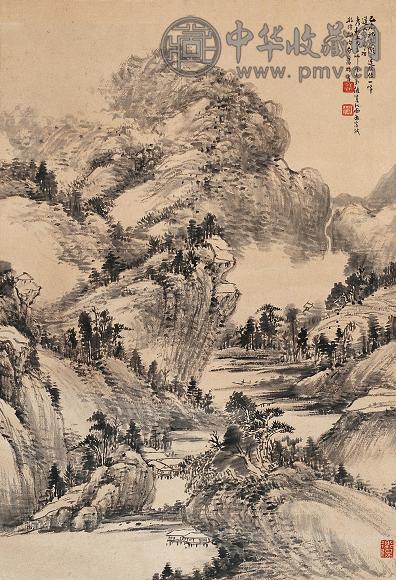 萧俊贤 1919年作 净墨山水图 立轴 水墨纸本