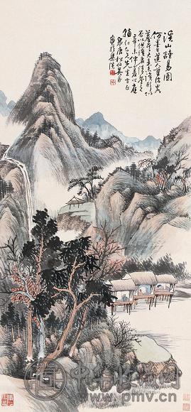 吴汾 溪山读易图 立轴 设色纸本