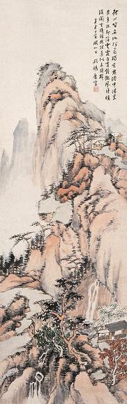 顾鹤庆 辛丑(1841年)作 秋山飞泉 立轴 设色纸本