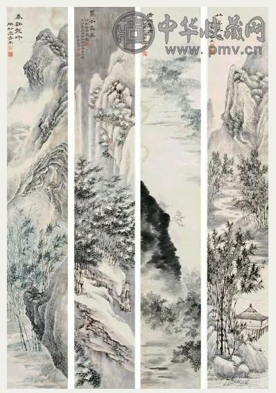 张石园 云山竹景 四屏 设色纸本