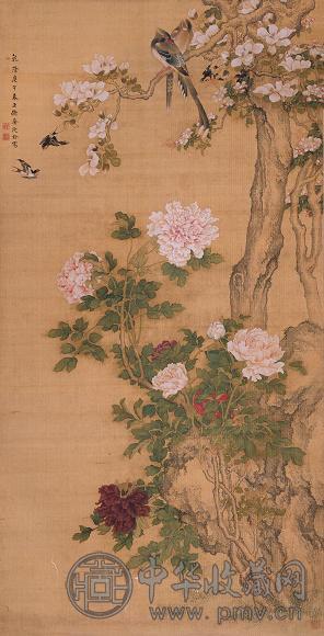 沈铨 1750年作 玉堂富贵 立轴 设色绢本