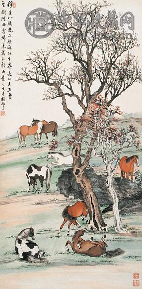 赵敬予 丁亥(1947年) 作 八骏图 立轴 设色纸本