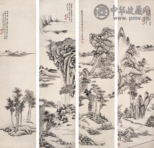 张世禄 1874年作 山水 屏条 水墨纸本