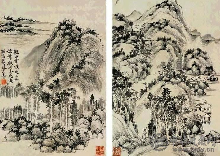 奚冈 山水 册页 水墨绢本