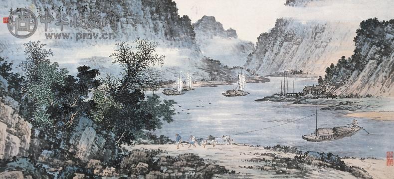 袁松年 蜀江帆影 横幅 纸本