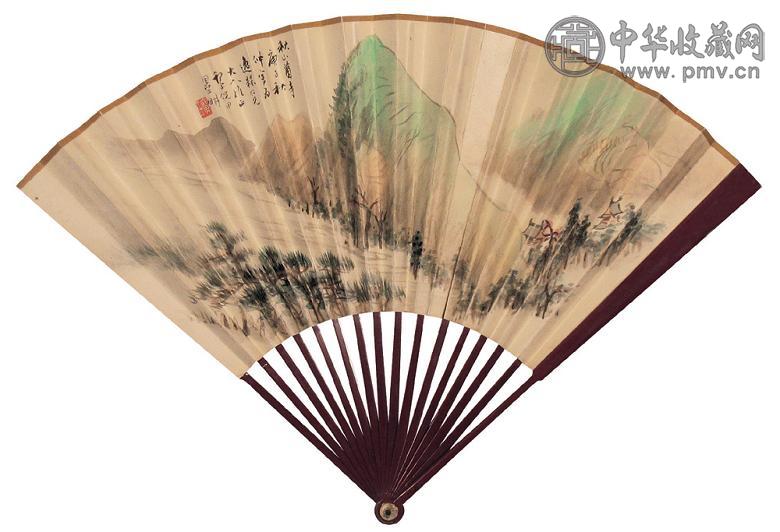 倪田 庚子(1900年)作 山水 成扇 设色纸本