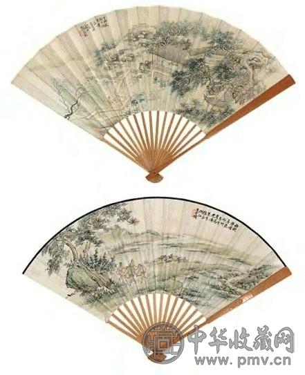 郭兰枝 1927年作 携琴访友、秧歌声里春光好 扇面 设色纸本