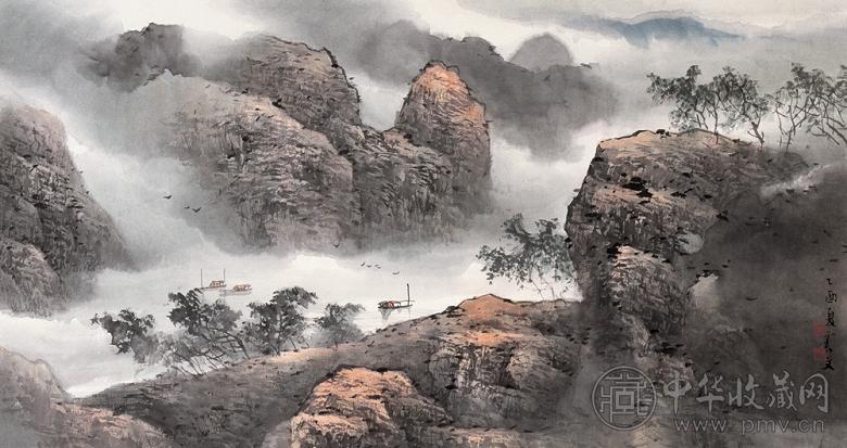 乐震文 2005年作 青山泛舟图 镜心 设色纸本